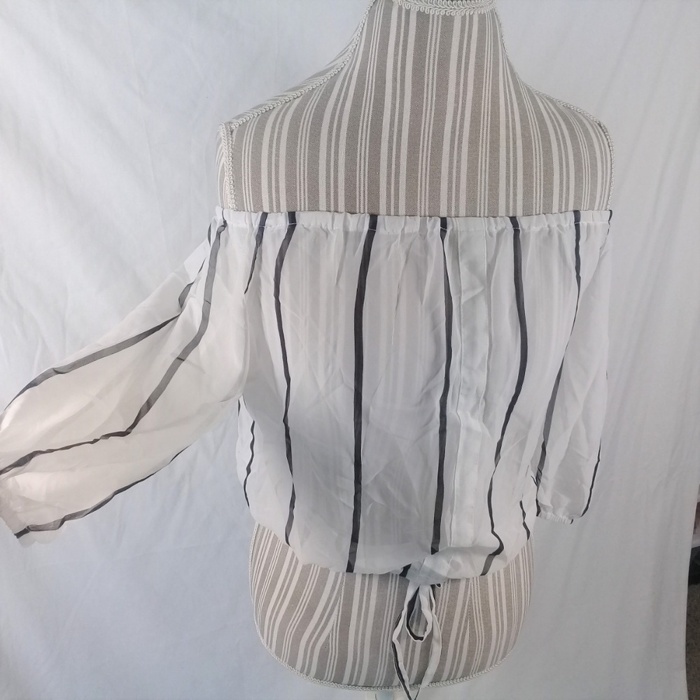 New! White striped off the shoulder sheer top
